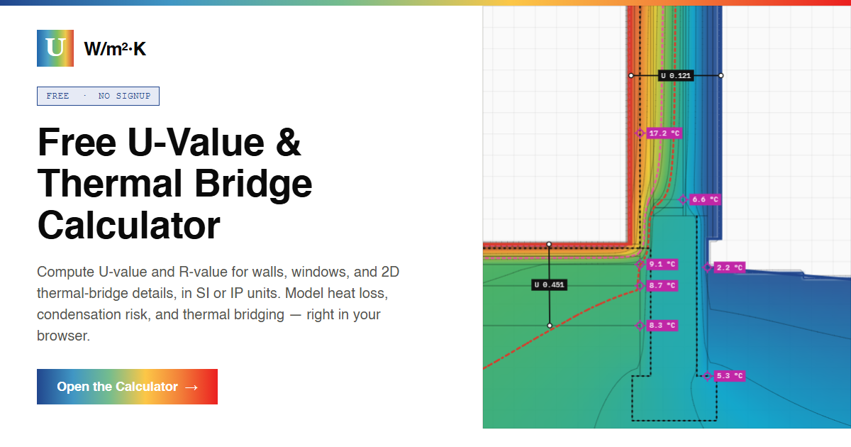 U-Value Calculator — Wall, Window & Thermal Bridge (W/m²·K)